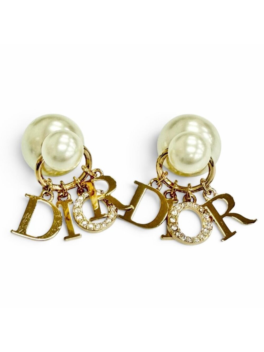 Dior Tribales Tribal Earrings for Both Ears Logo Resin Pearl Rhinestone Gold